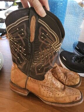 Texas Country Men's Black Leather Brown Patchwork Ostrich Cowboy Boots 8
